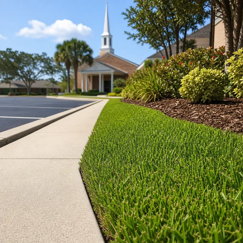 Freshly edged lawn along a sidewalk and parking lot in front of a church in Valrico, FL