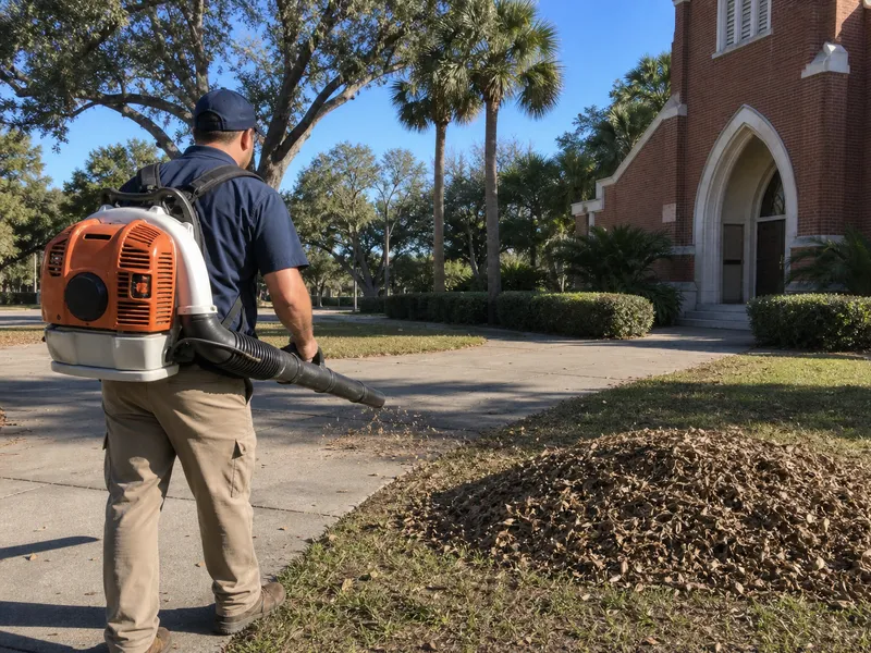 Crew member blowing leaves off the walkway outside a church in Valrico, FL