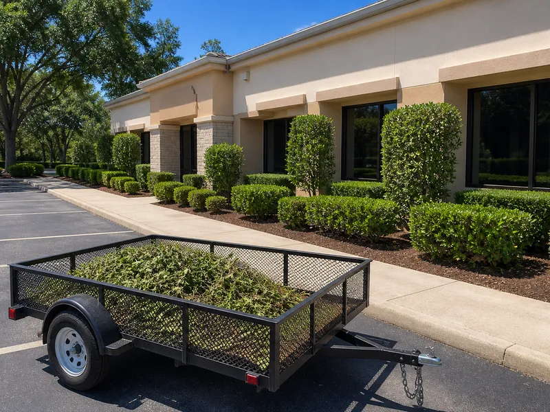 Freshly trimmed hedges and a trailer of bush clippings at a commercial office plaza in Valrico, FL