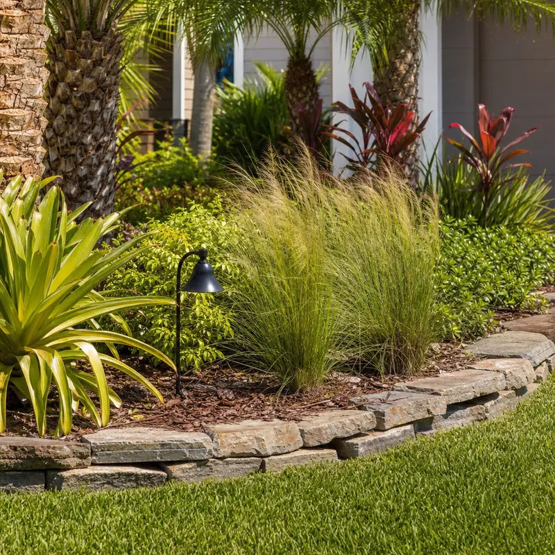 Layered planting bed with ornamental grasses and stone border in Valrico, FL