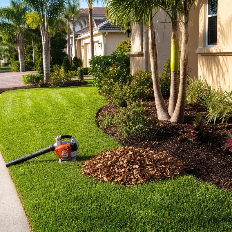 Freshly cleared lawn beside a mulched bed after a leaf cleanup in Valrico, FL