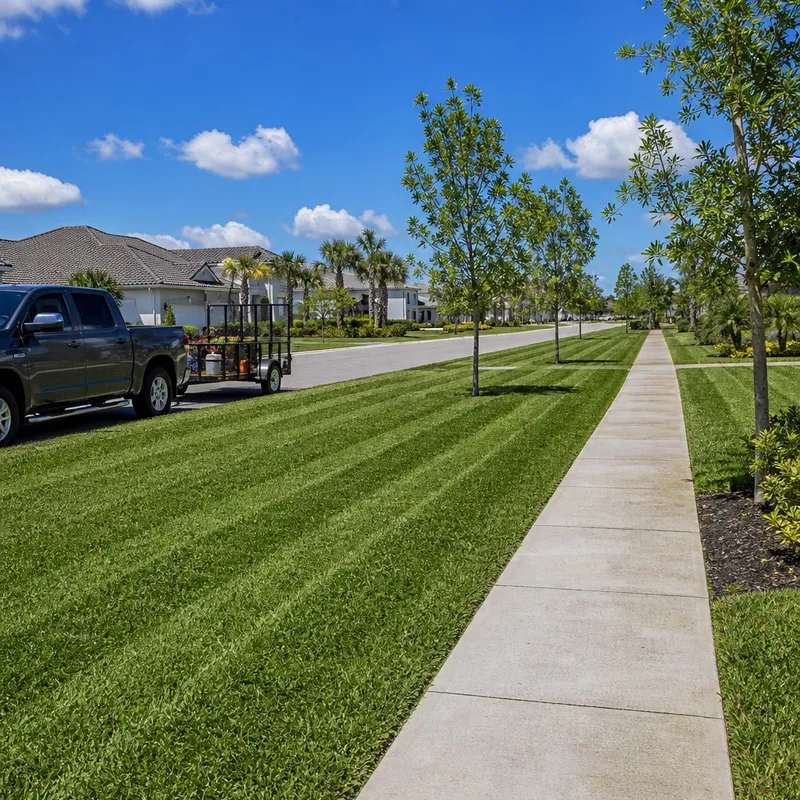 Freshly mowed, striped green lawns line a clean sidewalk in a Valrico neighborhood